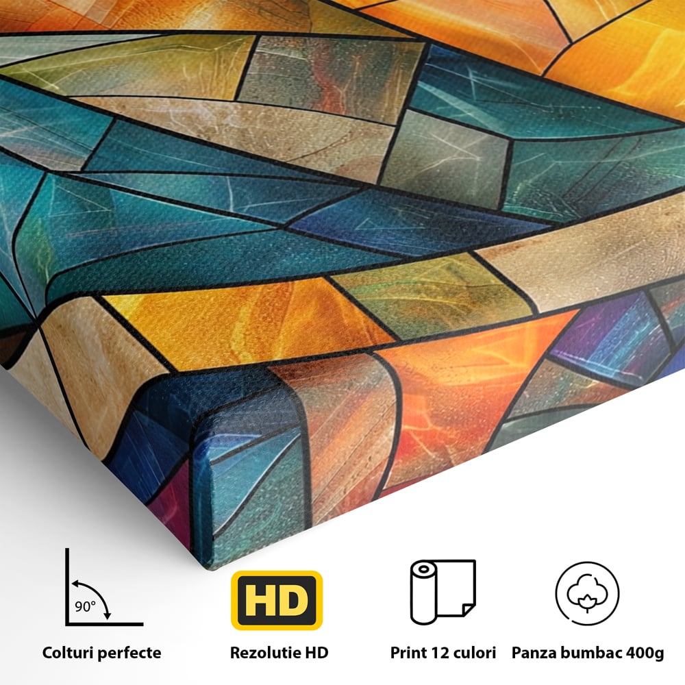 Detaliu al suprafetei: tablou canvas cu mozaic geometric colorat, fara rama, pe sasiu de lemn